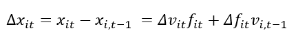 Matematisk formel som uttrykker endringen i en st&oslash;rrelse  𝑥 𝑖 𝑡 x  it ​   over tid som summen av endringen i verdi multiplisert med frekvens, og endringen i frekvens multiplisert med forrige periodes verdi. Brukes ofte i dekomponering av endringer. Tilpasset universell utforming med tydelig og lesbar notasjon.